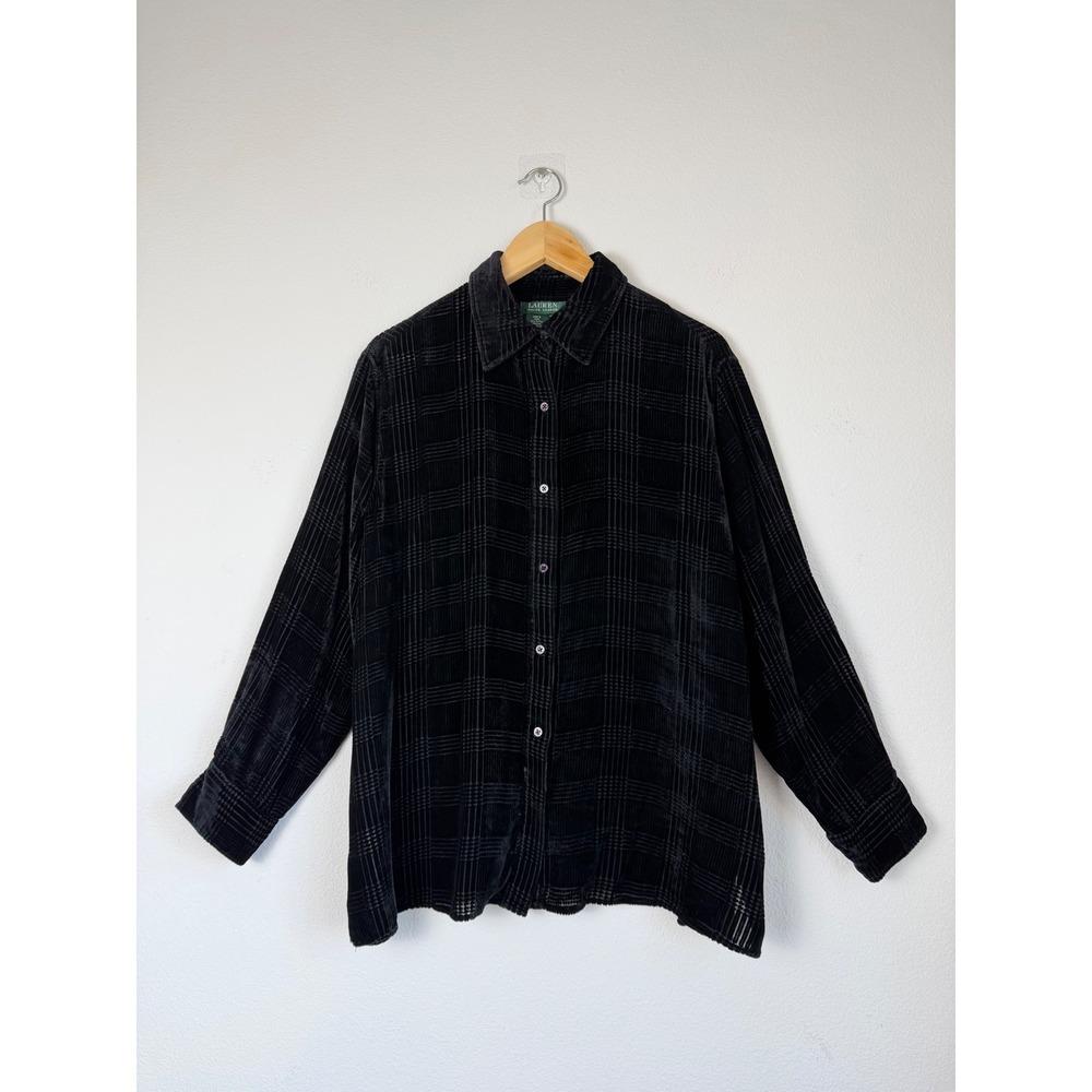 VTG Ralph Lauren Women Silk Blend Velvet Shirt 18W Black Plaid Burnout Old Money
